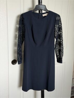 LOFT Navy Dress with Lace Long Sleeves